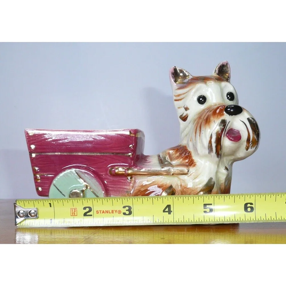 VTG MCM Scottie Terrier Dog Planter Vintage Royal Copley Wagon Cart Gold Trim